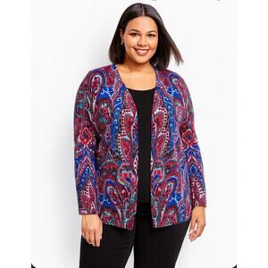 Talbots 2X Merino Wool Paisley Print Open Front Cardigan Sweater Red Blue Boho